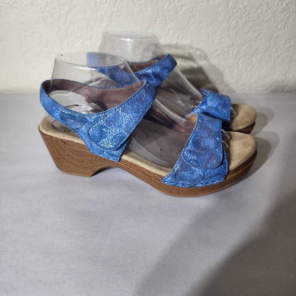 Dansko Thea Blue Metallic Crackle Leather Wedge Sandals Clog Women 40 9845082200